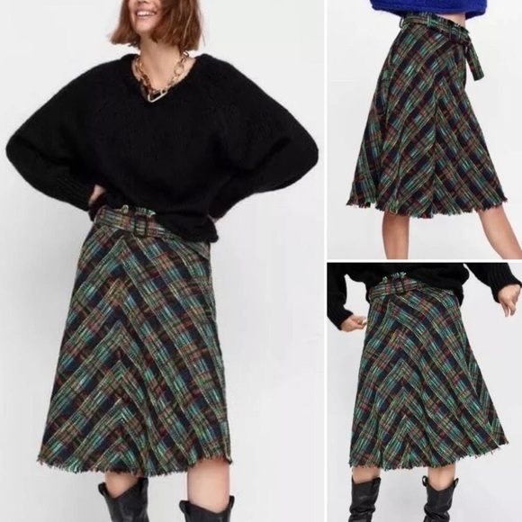 Zara Autumn Vintage Tweed Tartan Plaid High Waist Midi Skirt Size XS - Picture 3 of 15